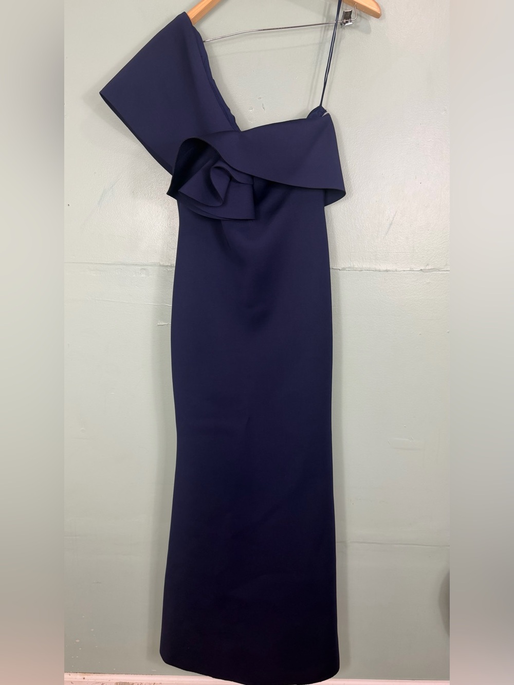 Badgley Mischka One Shoulder Maxi Dress‎ Ruffle Navy Blue Women Size 8 Lined